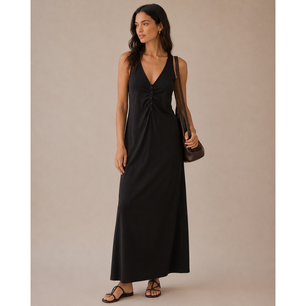 GAP Womens Black Racerback Midi Dress Ruched Button V-Neck Side Slits M